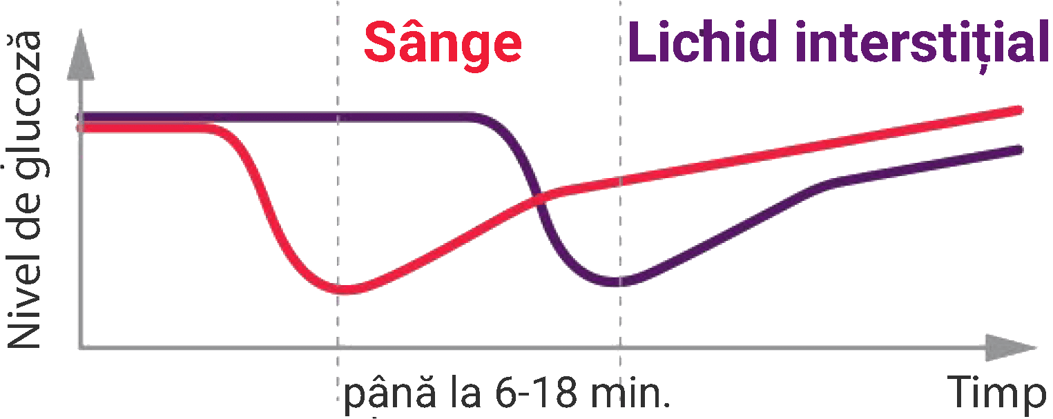Grafic comparativ între nivelul de glucoză din sânge și cel din lichidul interstițial în funcție de timp, evidențiind o întârziere de până la 6-18 minute.