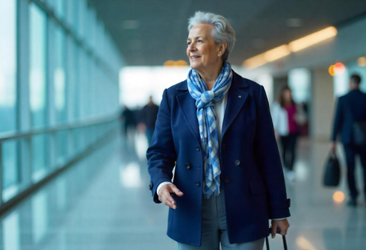 Femeie în vârstă, elegantă, plimbându-se într-un aeroport, purtând o eșarfă și un sacou albastru.